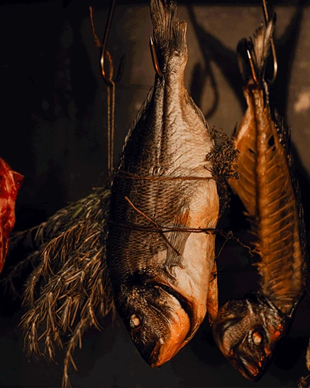 Cured fish hanging in the Óris fire kitchen